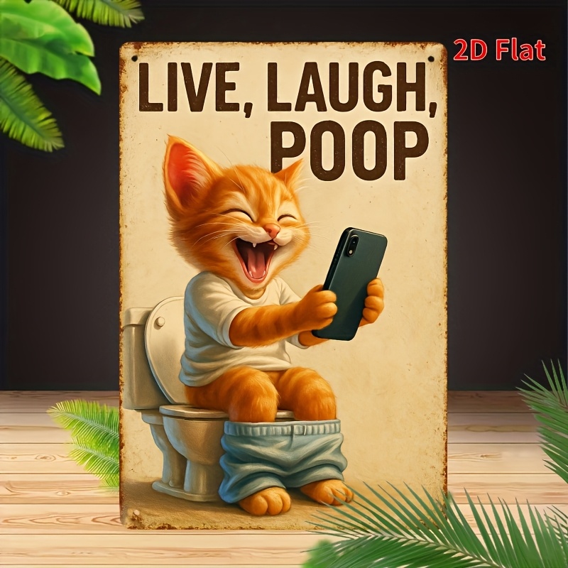 Home Bathroom Signs - งานศิลปะติดผนังโลหะรูปแมวตลกบนห้องน้ำ - ป้ายดีบุกสไตล์วินเทจสำหรับห้องน้ำ บ้าน บาร์ คาเฟ่