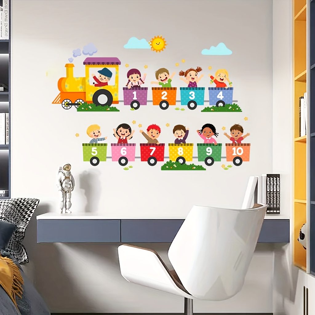 Home One Bathroom - สติ๊กเกอร์ติดผนังลายการ์ตูนรถไฟดิจิตอลเพื่อการศึกษาหลากสี 2 ชิ้น สติ๊กเกอร์ตกแต่งบ้านแบบมีกาวในตัวทำจาก PVC เหมาะสำหรับห้องเรียน