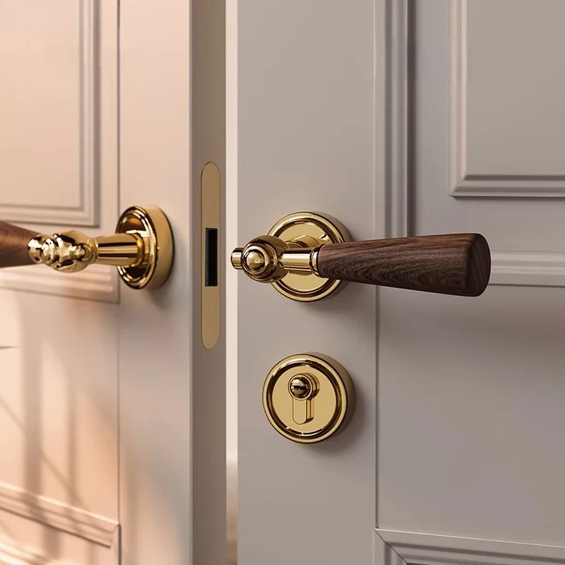 Home Hardware Bathroom Accessories - มือจับประตูไม้วอลนัท ล็อคประตูเงียบทำจากโลหะผสมสังกะสี ล็อคประตูเพื่อความปลอดภัยในบ้าน ล็อคแบบแยกส่วน อุปกรณ์ฮาร์ดแวร์ ล็อคมือจับสองด้าน