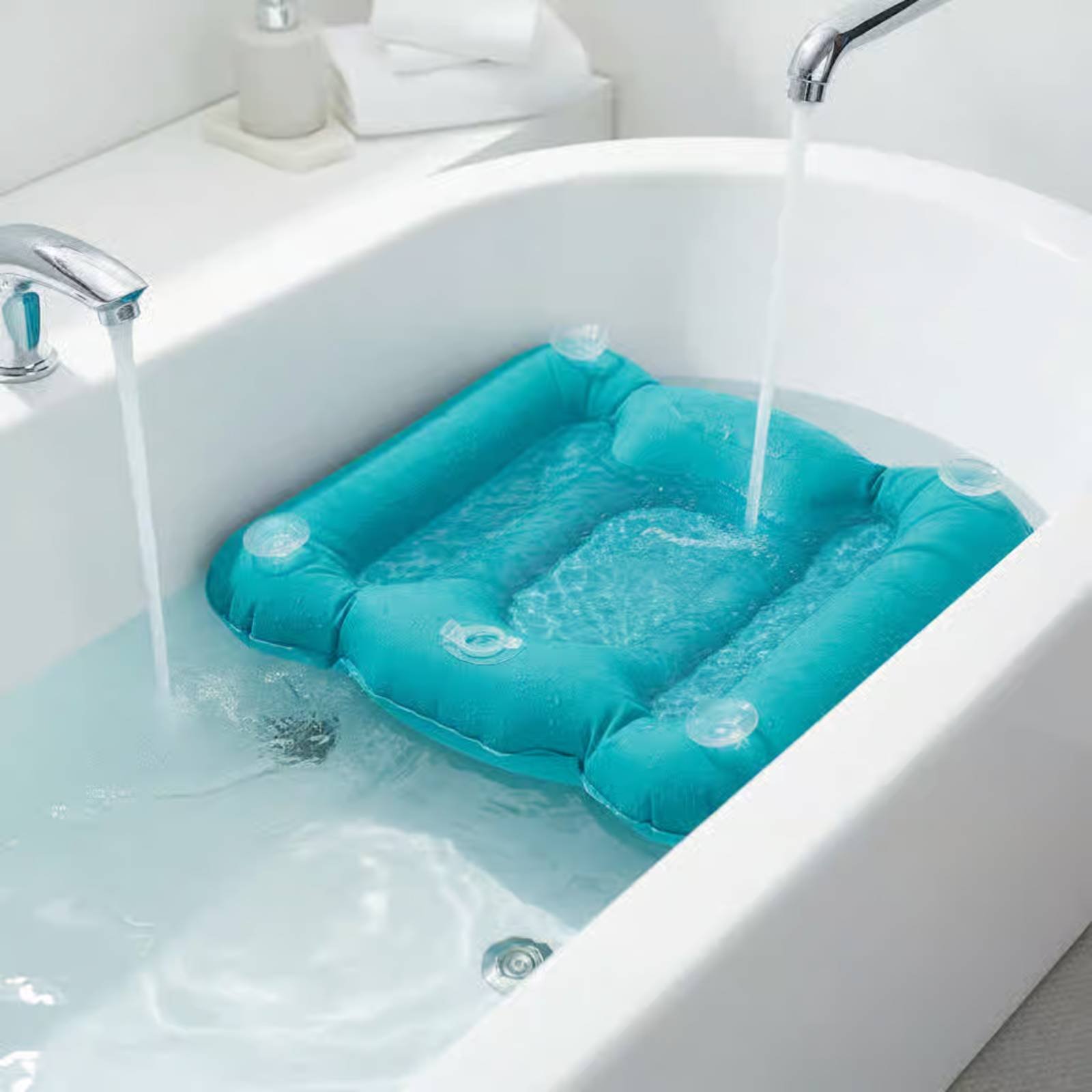 Bathtub Pillow Inflatable - เบาะรองอาบน้ำแบบเป่าลม ผิวสัมผัสระยิบระยับ พร้อมที่ยึดสุญญากาศ หมอนรองอาบน้ำกันลื่น อุปกรณ์เสริมในห้องน้ำสำหรับอ่างน้ำร้อน