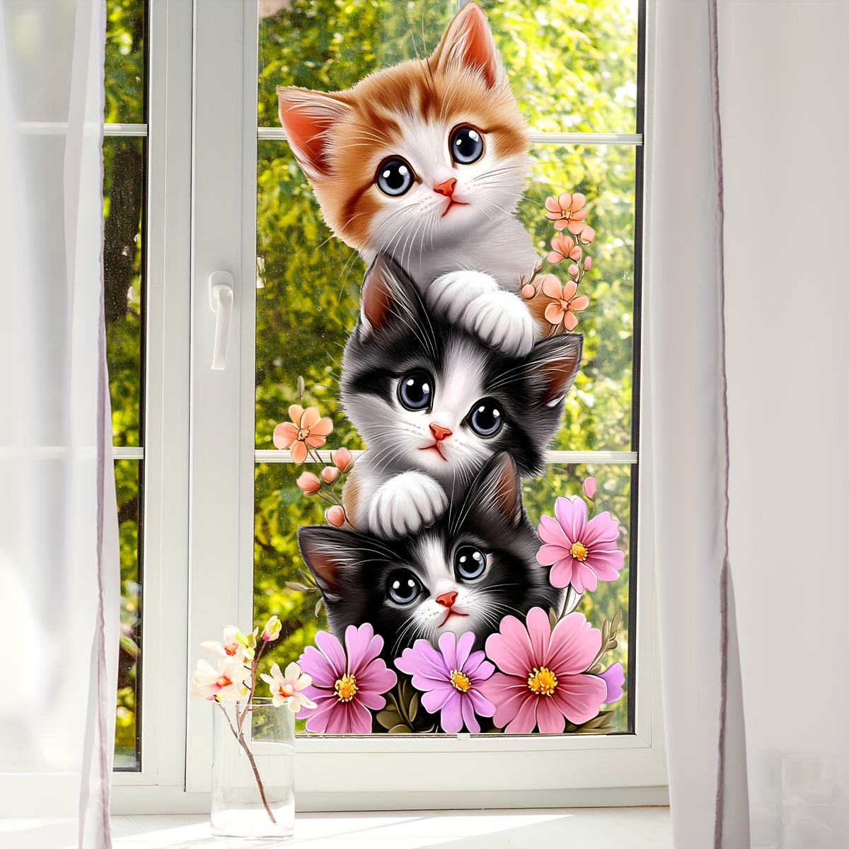 Home One Bathroom - สติกเกอร์ติดหน้าต่างและผนังลายดอกไม้ผีเสื้อ 1 ชิ้น น่ารัก ลายแมวน้อย เจนก้า